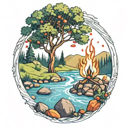 a rowan berry tree and a campfire beside a river waterfalling down the front tattoo design idea