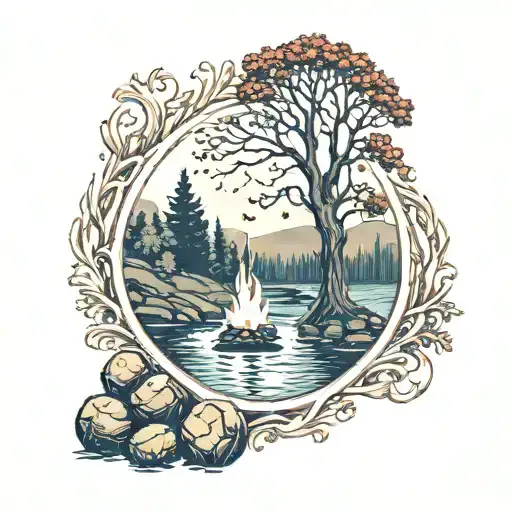 a rowan berry tree and a campfire beside a river waterfalling down the front tattoo design idea