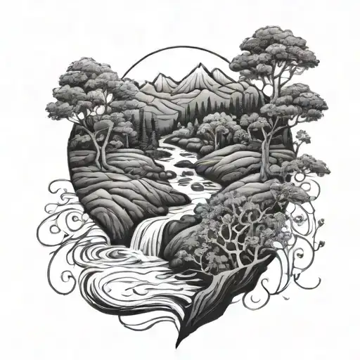 a river winds through small hills, past a bush and then flows down through the middle of the tattoo tattoo design idea