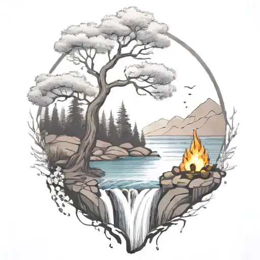 A River With A campfire and a berry tree Beside It Waterfalls Down The Front tattoo design idea
