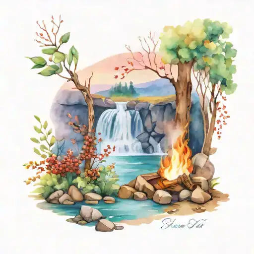 a rowan berry tree and a campfire beside a river waterfalling down the front tattoo design idea