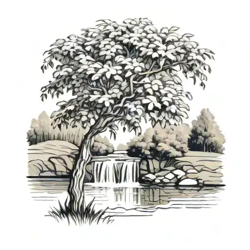a rowan tree beside a river that waterfalls down the front tattoo design idea