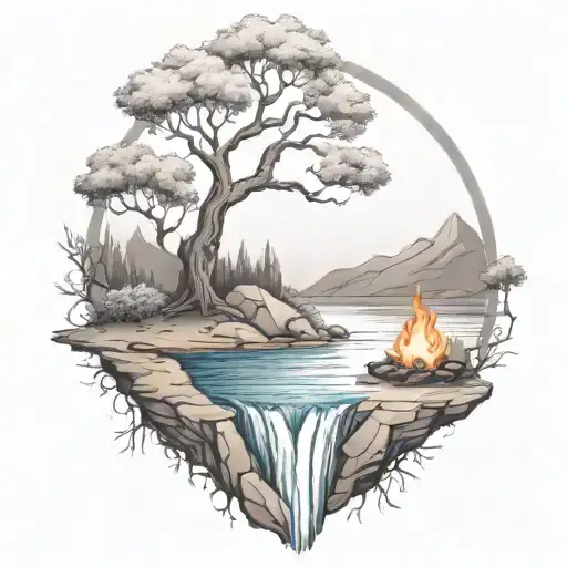 A River With A campfire and an olive tree Beside It Waterfalls Down The Front tattoo design idea