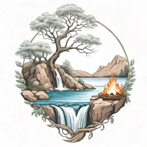 A River With A campfire and a rowan tree on either side of It Waterfalls Down The Front tattoo design idea
