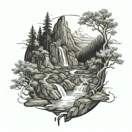 a river winding through the middle of a vallety, past a campfire on the riverbank and ending in a waterfall tattoo design idea