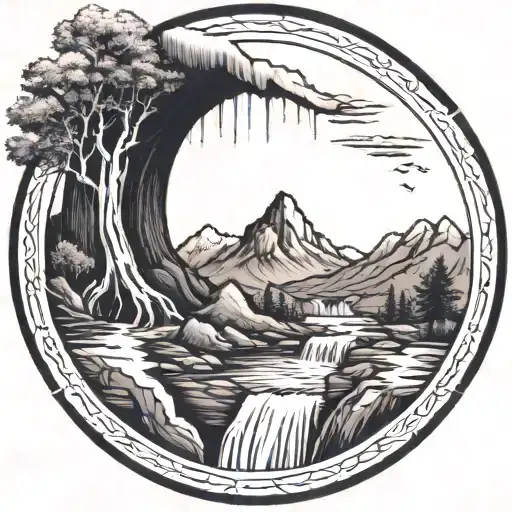 a river winds through rounded mountain knobs, past a campfire, and ends in a waterfall, flowing through the bottom tattoo design idea