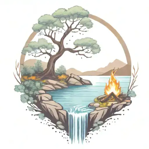 a rowan berry tree and a campfire beside a river waterfalling down the front tattoo design idea