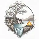 A River With A campfire and a rowan tree on either side of It Waterfalls Down The Front tattoo design idea