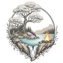A River With A campfire and a rowan tree on either side of It Waterfalls Down The Front tattoo design idea