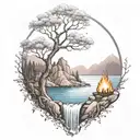 A River With A campfire and a rowan tree on either side of It Waterfalls Down The Front tattoo design idea