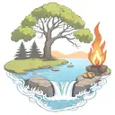a rowan berry tree and a campfire beside a river waterfalling down the front tattoo design idea