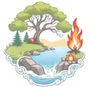 a rowan berry tree and a campfire beside a river waterfalling down the front tattoo design idea