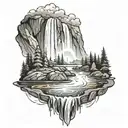 A River With A Campfire Beside It Waterfalls Down The Front tattoo design idea