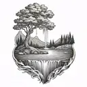 A River With A Campfire Beside It Waterfalls Down The Front tattoo design idea