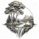 A River With A Campfire Beside It Waterfalls Down The Front tattoo design idea