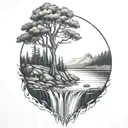 A River With A Campfire Beside It Waterfalls Down The Front tattoo design idea
