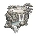 a river winds through small hills and flows past a bush and then waterfalls down out of the tattoo tattoo design idea