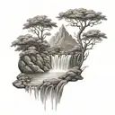 a river winds through small hills and flows past a bush and then waterfalls down out of the tattoo tattoo design idea