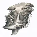 a river winds through small hills and flows past a bush and then waterfalls down out of the tattoo tattoo design idea