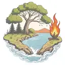 a rowan berry tree and a campfire beside a river waterfalling down the front tattoo design idea