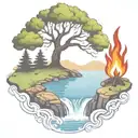 a rowan berry tree and a campfire beside a river waterfalling down the front tattoo design idea