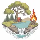 a rowan berry tree and a campfire beside a river waterfalling down the front tattoo design idea