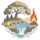 a rowan berry tree and a campfire beside a river waterfalling down the front tattoo design idea