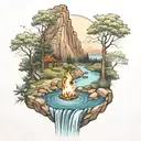 A river with a campfire beside it waterfalls down the front tattoo design idea