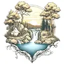 A river with a campfire beside it waterfalls down the front tattoo design idea