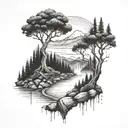 A river with a tree on one side and a campfire on the other, mountains in the background, culminates in a waterfall tattoo design idea