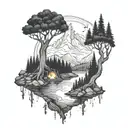 A river with a tree on one side and a campfire on the other, mountains in the background, culminates in a waterfall tattoo design idea