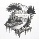 A river with a tree on one side and a campfire on the other, mountains in the background, culminates in a waterfall tattoo design idea