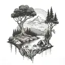 A river with a tree on one side and a campfire on the other, mountains in the background, culminates in a waterfall tattoo design idea