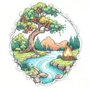 a rowan berry tree and a campfire beside a river waterfalling down the front tattoo design idea