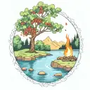 a rowan berry tree and a campfire beside a river waterfalling down the front tattoo design idea