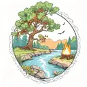 a rowan berry tree and a campfire beside a river waterfalling down the front tattoo design idea