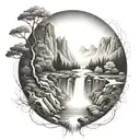 winding river flows through a mountain valley and ends in a waterfall with a tree beside it, flowing through the bottom tattoo design idea