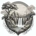winding river flows through a mountain valley and ends in a waterfall with a tree beside it, flowing through the bottom tattoo design idea