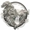 winding river flows through a mountain valley and ends in a waterfall with a tree beside it, flowing through the bottom tattoo design idea