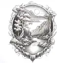 A river with a bush on one side and a campfire on the other waterfalls down the front tattoo design idea