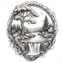 A river with a bush on one side and a campfire on the other waterfalls down the front tattoo design idea
