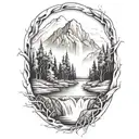 A river with a bush on one side and a campfire on the other waterfalls down the front tattoo design idea
