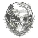A river with a bush on one side and a campfire on the other waterfalls down the front tattoo design idea