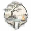 A River With A campfire and a rowan berry tree on either side of It Waterfalls Down The Front tattoo design idea