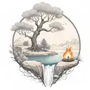 A River With A campfire and a rowan berry tree on either side of It Waterfalls Down The Front tattoo design idea