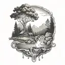 A River With A Campfire Beside It Waterfalls Down The Front tattoo design idea
