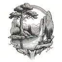 A River With A Campfire Beside It Waterfalls Down The Front tattoo design idea
