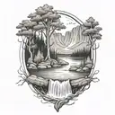 A River With A Campfire Beside It Waterfalls Down The Front tattoo design idea