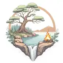 a rowan berry tree and a campfire beside a river waterfalling down the front tattoo design idea