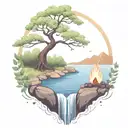 a rowan berry tree and a campfire beside a river waterfalling down the front tattoo design idea